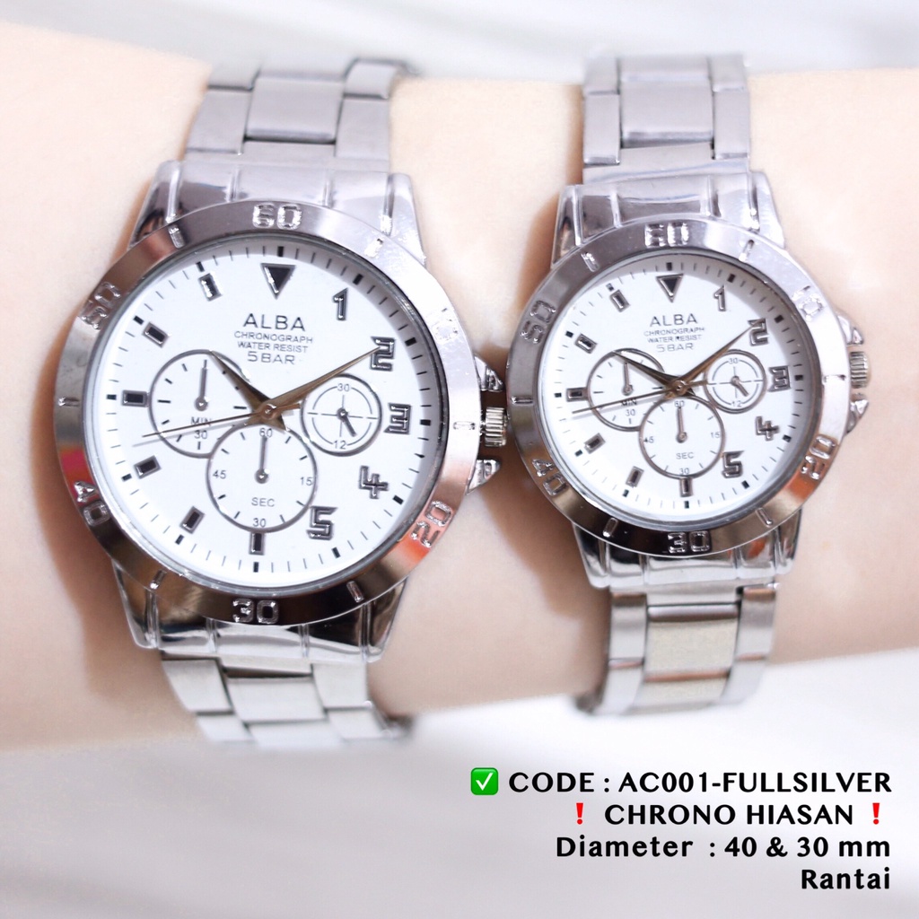 Jam tangan COUPLE rantai murah wanita pria silver free baterai cadangan grosir CG025