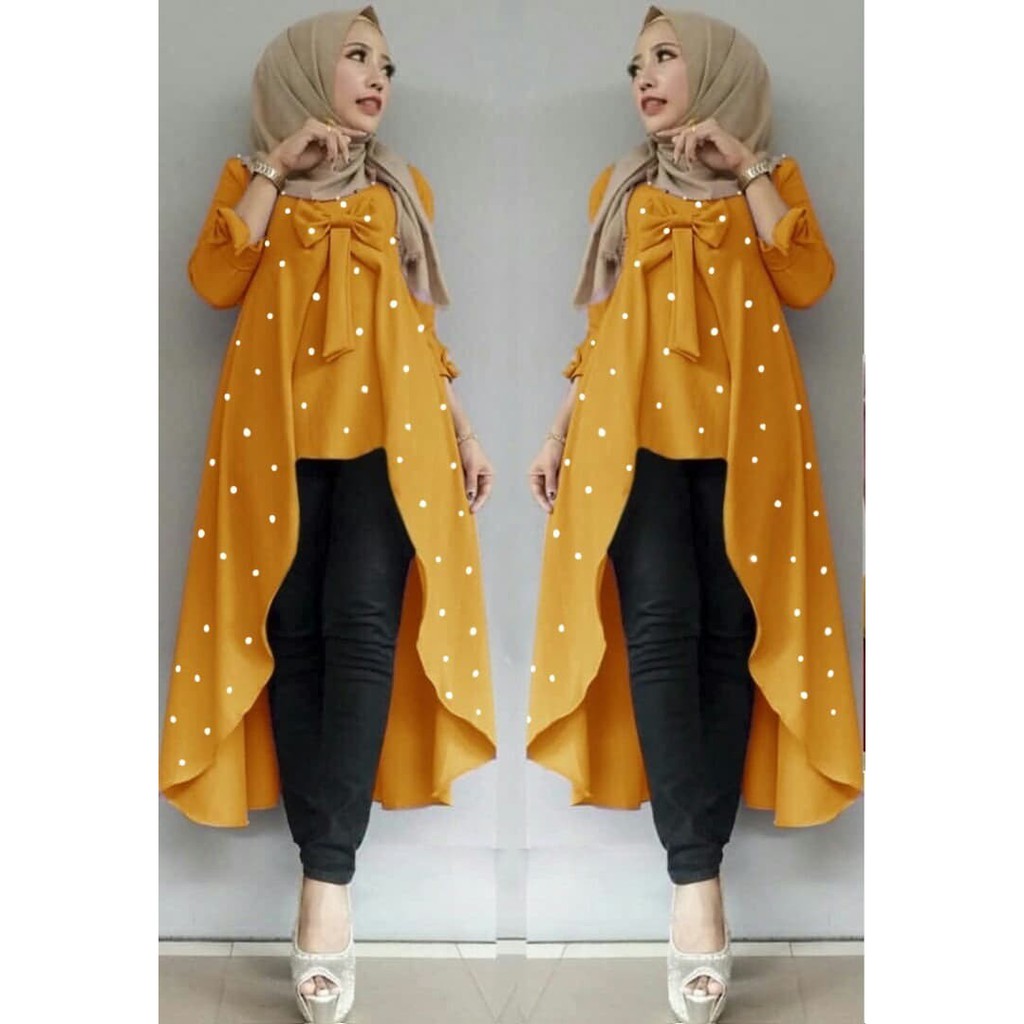 FMJ 218 Baju Tunik Viane Mutiara Pakaian Muslim Perempuan Wanita Cewek Crepe Kuning Lebaran Cantik