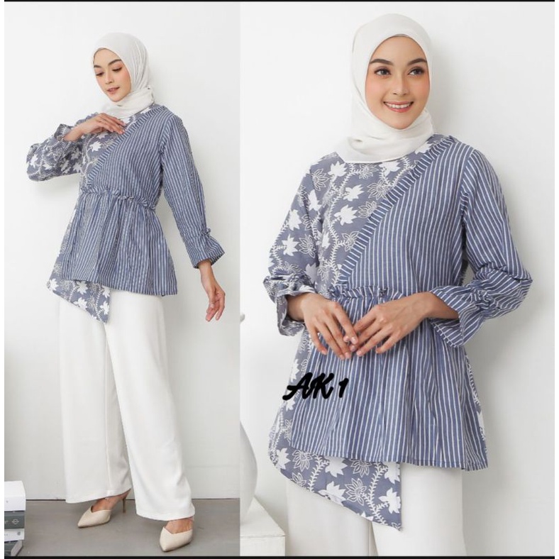 tey-17 Batik wanita ASJ SA HRB026 Kenongo Kemeja Tosca Pendek-Ak salur abu
