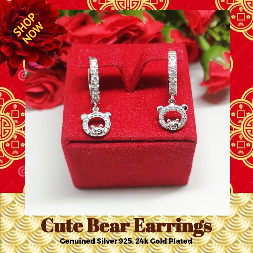 BCA279 PERHIASAN ANTING BERUANG CUTE BEAR PERAK SILVER 925 LAPIS EMAS ASLI ORIGINAL