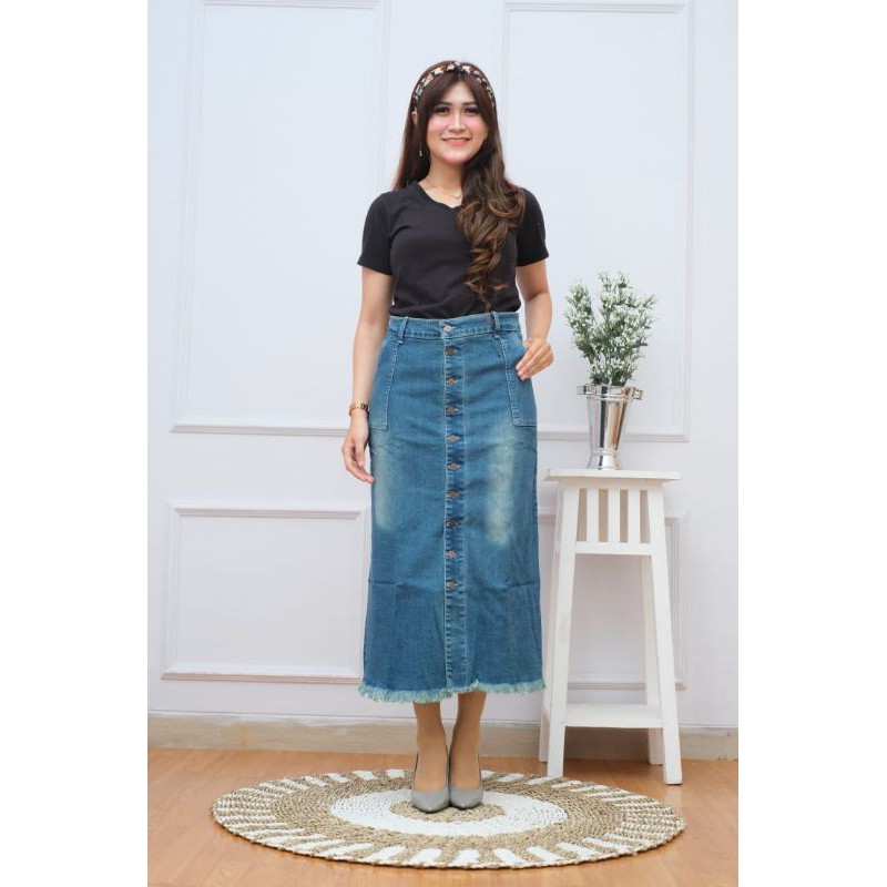 ROK JEANS PANJANG GISCA KANCING DEPAN // ROK JEANS WANITA KANCING DEPAN AKTIF