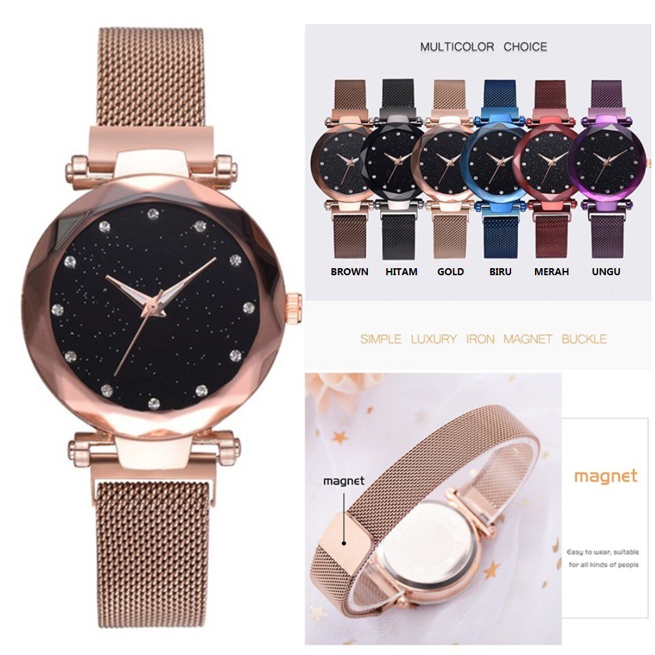 Jam Tangan Wanita:Korea Fashion GALAXY Star,Magnet Mesh Milan Band Starry Night Sky Kuarsa Watch