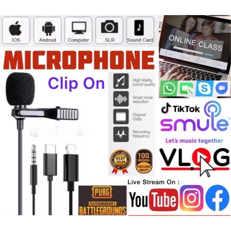 Microphone Eksternal Kondensor Clip On iPhone iPad Android PC Laptop Kamera Lavalier Broadcast