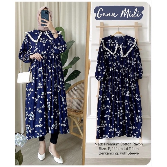 DRESS MIDI LENGAN PANJANG TUNIK MOTIF BUN BAJU MUSLIM REMAJA BAHAN KATUN RAYON ADEM KEKINIAN
