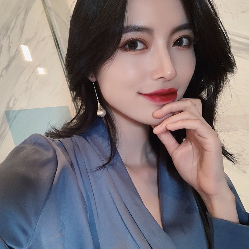 Anting Rumbai Panjang Aksen Mutiara Gaya Perancis Untuk Wanita