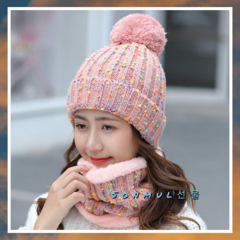 WOMAN WINTER KNIT BEANIE POMPOM + HAT ONE SET IMPORT TOPI KUPLUK + SYAL WANITA RAJUT MUSIM DINGIN