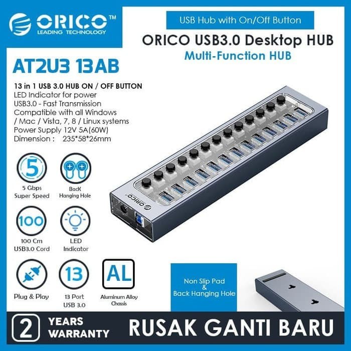 Usb-A 3.0 hub Orico 13 Port 5Gbps on off switch Adapter 1m cable at2u3-13ab - Terminal usb3.0 13 slot saklar adaptor