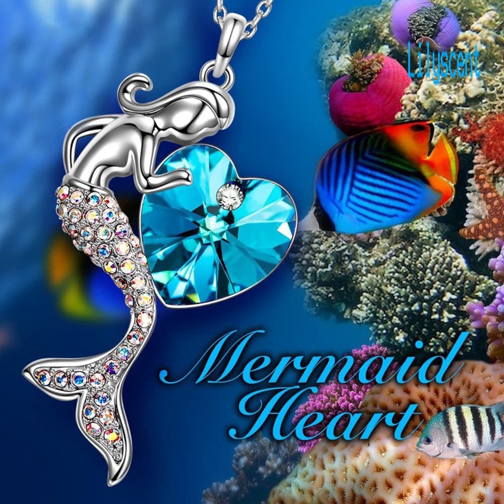 Kalung Klavikula Desain Hati Mermaid Aksen Kristal Imitasi Gaya Elegan Untuk Wanita