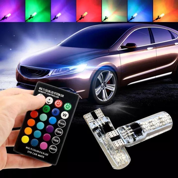 Lampu Kendaraan Motor Led t10 12 Volt Remote RGB Lampu Senja LED RGB T10 5050 SMD 16 Warna Dengan Remot Control Universal Motor Mobil