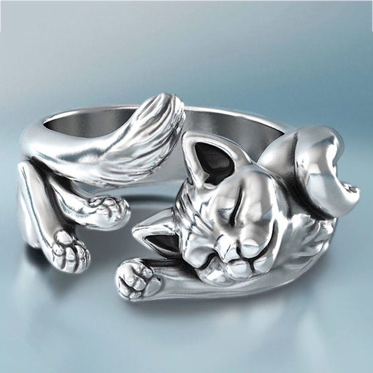 Cincin Model Terbuka Desain Kucing Hitam Totem Bahan Stainless Steel 925