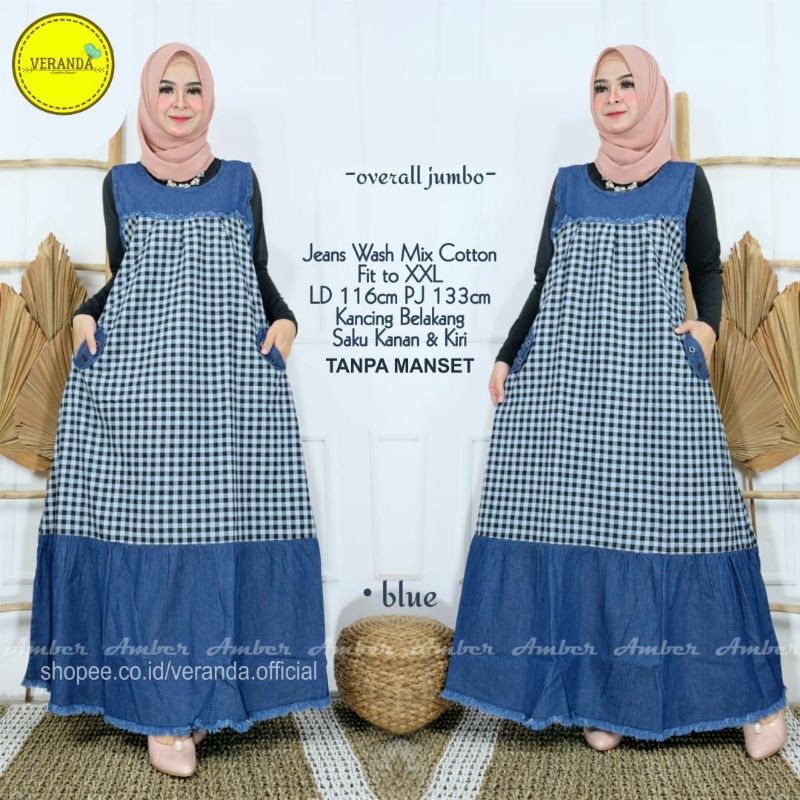 Vela Overall Jeans JUMBO LD 116 Baju Kodok Rok Panjang Jins Wanita Kotak Kotak Big Size