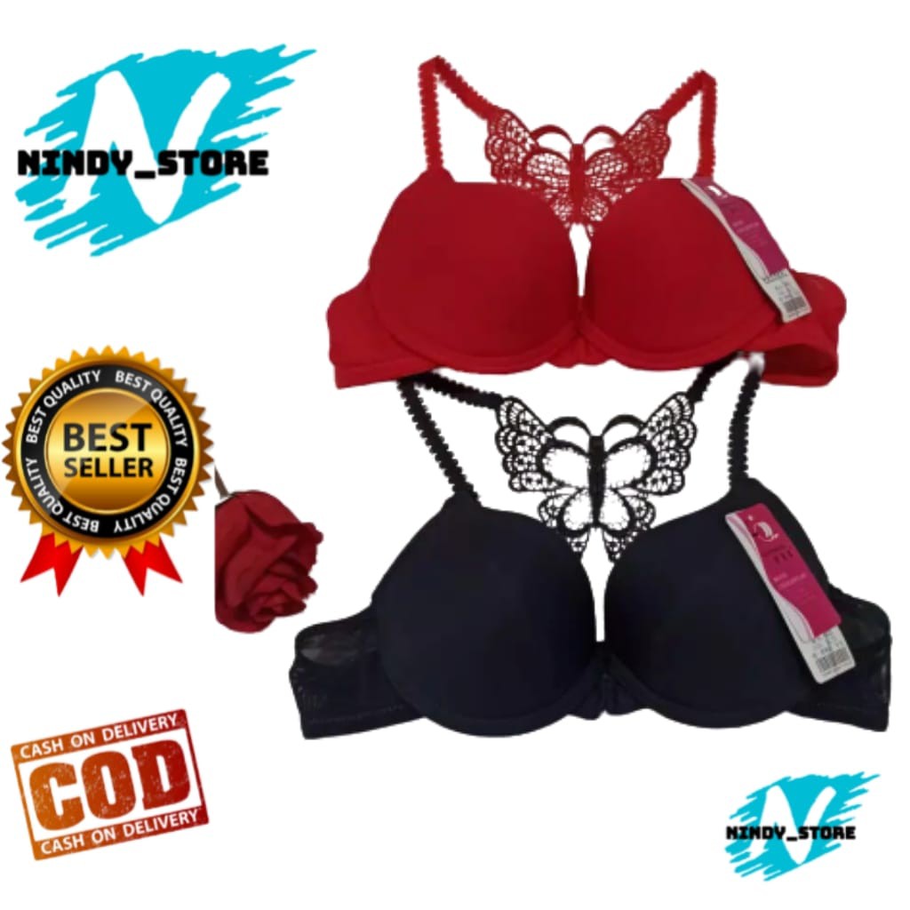 NS - BH Wanita Kupu-Kupu kait Kancing Depan Berkawat/MERAH HITAM