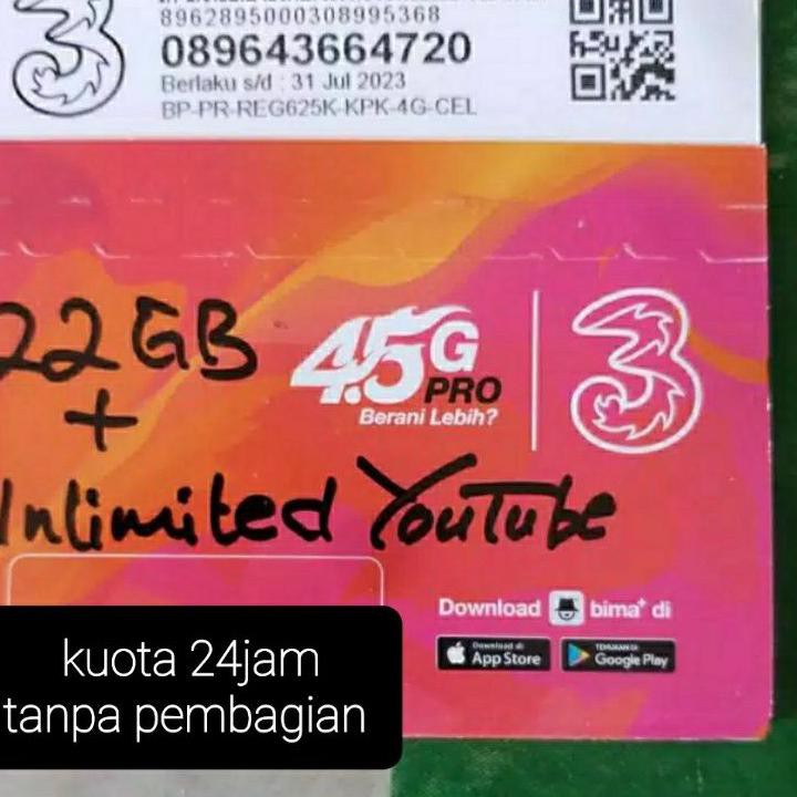 BANYAK PEMINAT Kartu Perdana 3 22GB + Unlimited SP Tri Three Thre PM4 7GB Unlimited Youtube AON4 AON