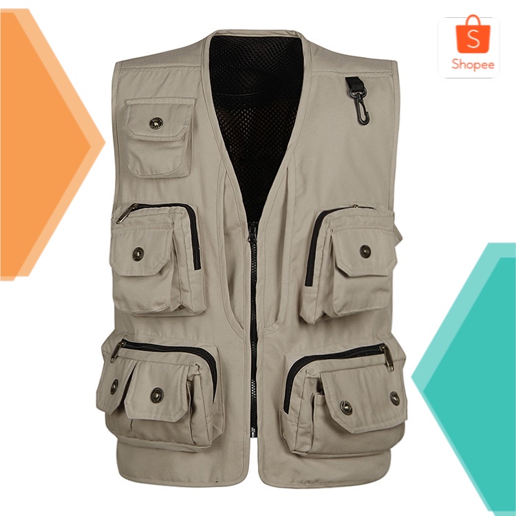 Multi-Saku Pria Rompi Ayah Pakaian Kerja Fotografi Luar Ruangan Pria Rompi Kuningan gesper #
