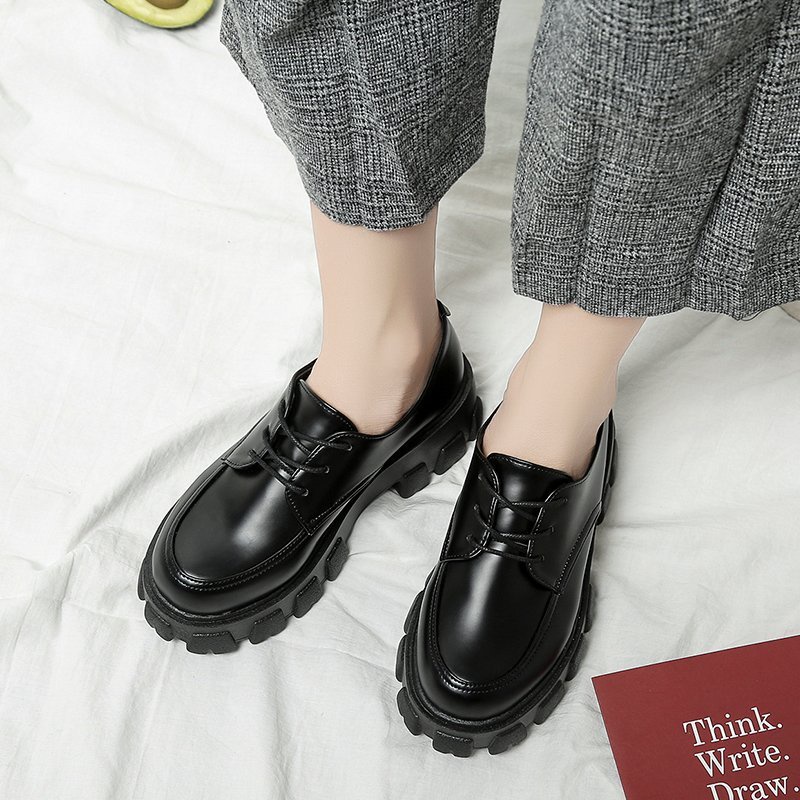 Sepatu Oxford Derby Hak Tinggi Wanita Flatform Ankle Boots Platform Shoes Heels Bot Import Kulit Hitam Black - Ukuran 35 36 37 38 39 40