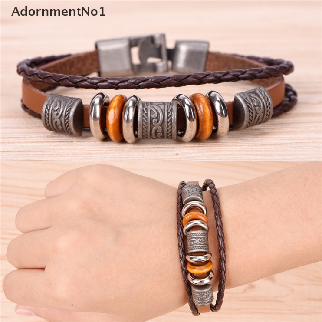 (AdornmentNo1) Gelang Tangan Kulit Coklat Retro Punk Handmade Untuk Pria