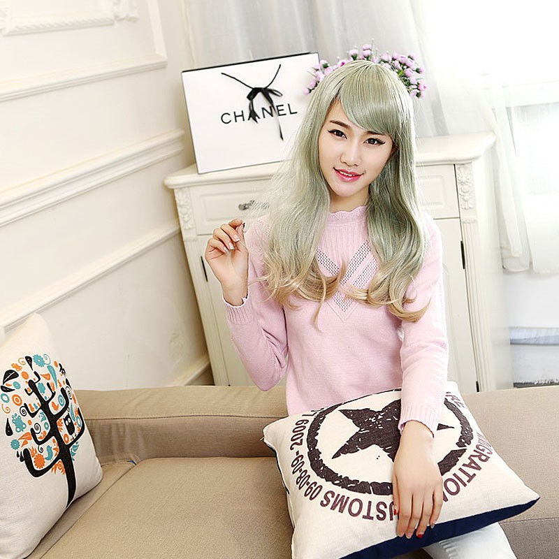 LOL-79 wig daily lolita rambut palsu jepang korea cosplay ash green panjang