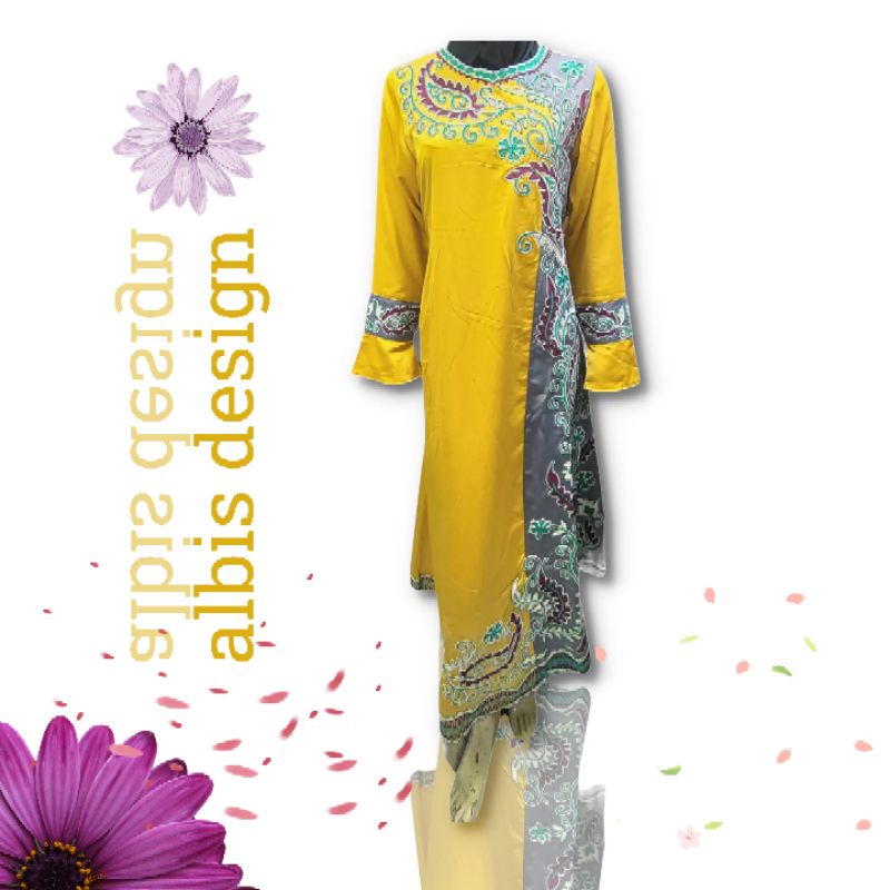 Gamis Albis Corneli Bordir Timbul kombinasi kuning abu