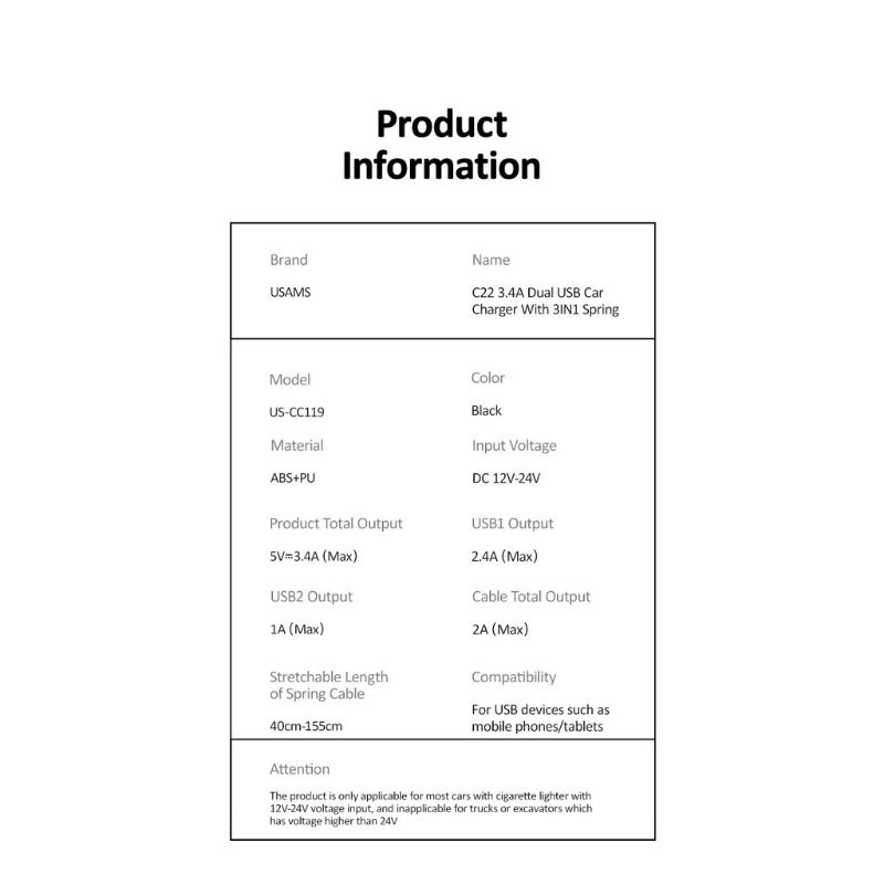 USAMS C22 Car Charger 3.4A Dual USB with 3IN1 Spring Cable