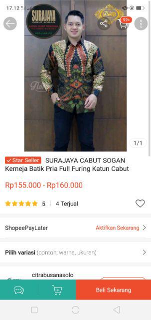 Surajaya Cabut Sogan Kemeja Batik Pria Full Furing Katun Cabut Primisima