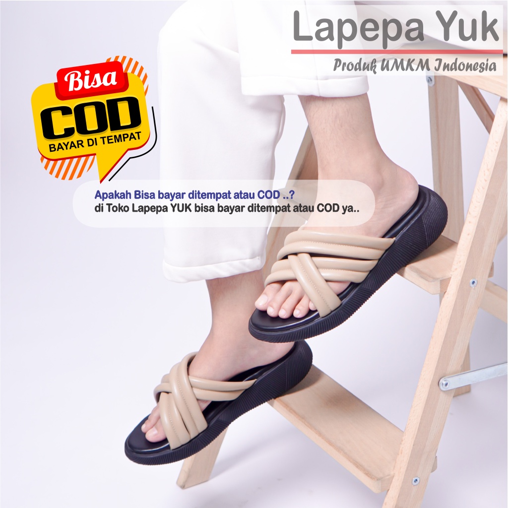 LAPEPA YUK - Sandal Wanita Wedges TARA Sendal Cewek Platform Kondangan Hak Model Silang 3 Size 36 37 38 39 40 41 Pergi Jalan Santai Rumahan Slop Warna SMOKE Brown Cokelat Soft Selop Premium Original Kekinian Terbaru Shoes ORI Mall Official Store