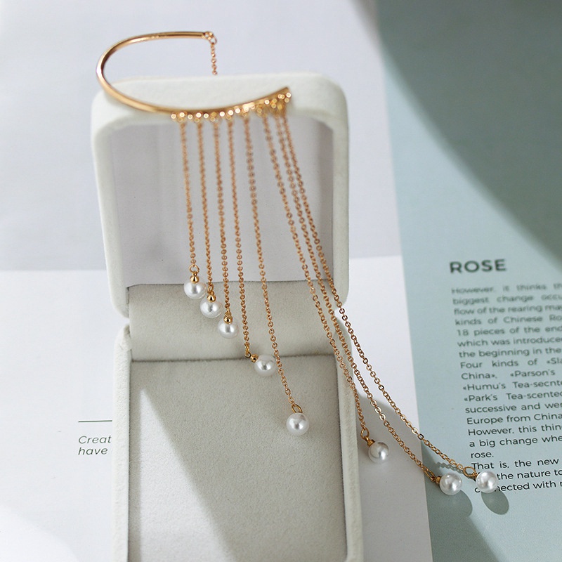 925 Temperament Long Tassel Pearl Gold Earrings Retro No Pierced Party Earring Jewelry Accessories