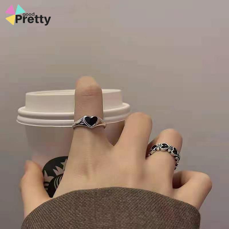 Korea Ins Baru Hip-Hop Hitam Cinta Retro Cincin Gadis Kepribadian Cincin Sederhana - PD
