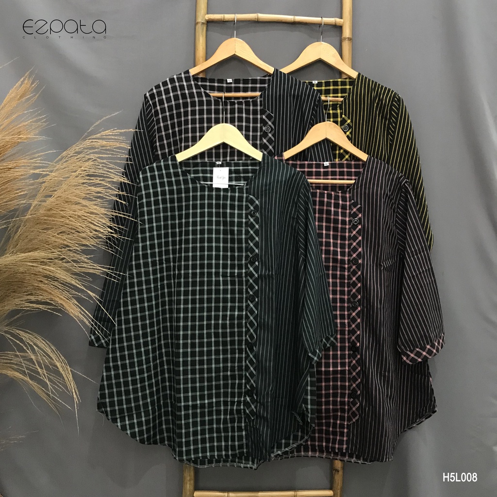 Ezpata Blouse Wanita Jumbo 5L LD 124cm  Bahan Katun Motif Garis Kotak Lengan Panjang Terbaru