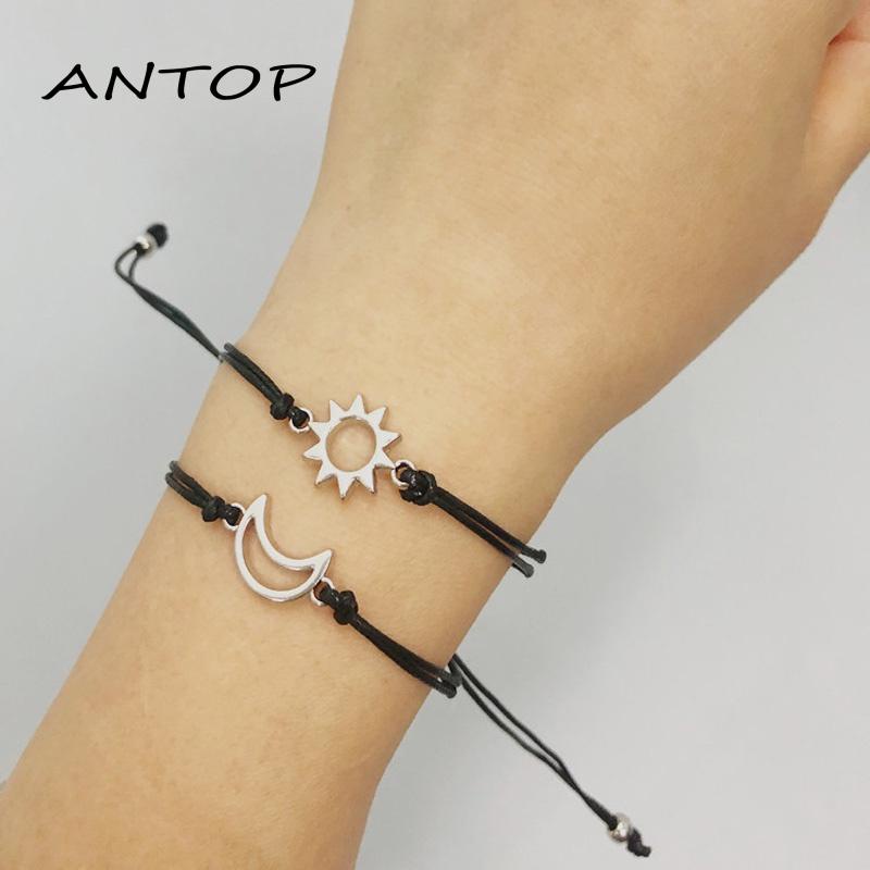 2pcs Gelang Couple Hitam Pasangan Adjustable Bulan Dan Matahari Gelang Persahabatan Tali Lilin Aksesoris Untuk Pria Dan Wanita ANTOP