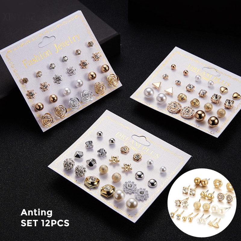 Anting SET 12PCS Gaya Korea Berbagai Bentuk Simple untuk Wanita Women Earrings Piercing