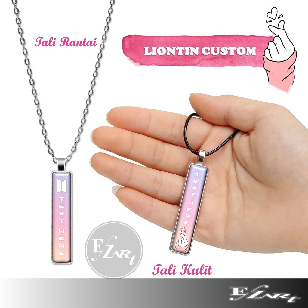 [EZ Art] KALUNG LIONTIN CUSTOM NAMA LOGO SARANGHAE BTS LIONTIN KACA PERSEGI PANJANG TALI KULIT RANTA