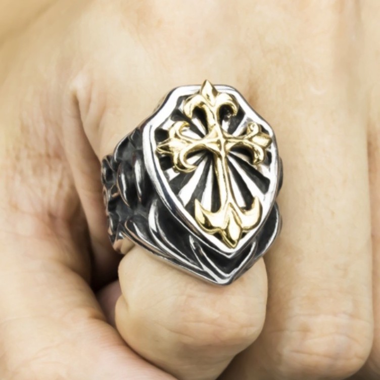 SEUSUK  Vintage Fashion Mens Personality Fashion Carve Knights Cross Shield Ring COD