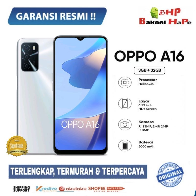 Oppo A16 Smartphone Ram 3/32 & 4/64 Gb Garansi Resmi