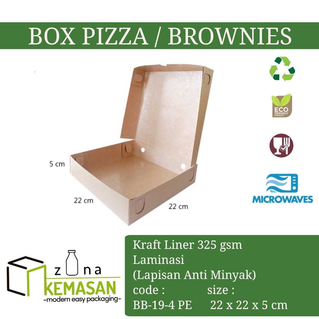 

BOX DUS KARDUS KOTAK PIZZA ROTI KUE BROWNIES 22x22x5 cm KRAFT 325 gsm LAMINASI
