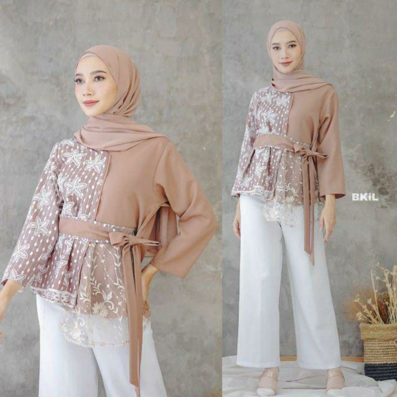tey-17 Batik wanita ASJ SA HRB026 Kenongo Kemeja Tosca Pendek-Blus Tile Mocca
