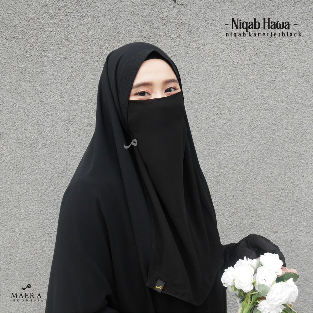 Niqab Cadar Karet dan Tali 2 Layer Tanpa Jahitan Bawah Mata Chiffon Silk Jetblack Hawa