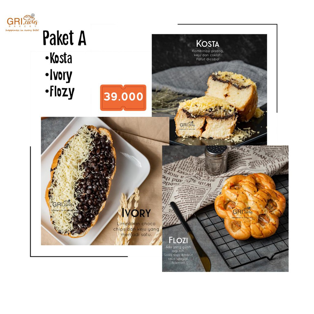 

GRICIOUS BAKERY - PAKET A isi 3 Roti - KOSTA - IVORY - FLOZY