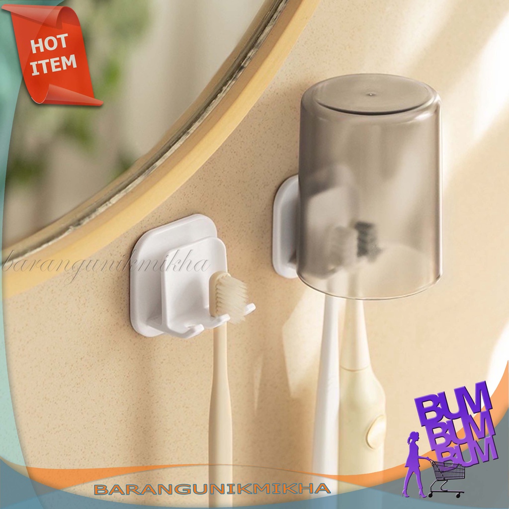 GANTUNGAN SIKAT GIGI dan Gelas Kumur / Tempel Dinding 2 Slot / Toothbrush Hook Holder