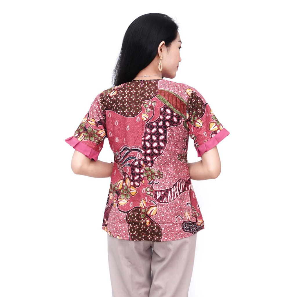 Batik Wanita Lengan Pendek Blouse Atasan Warna Pink Model Modern Trendy 2021- Motif kombinasi