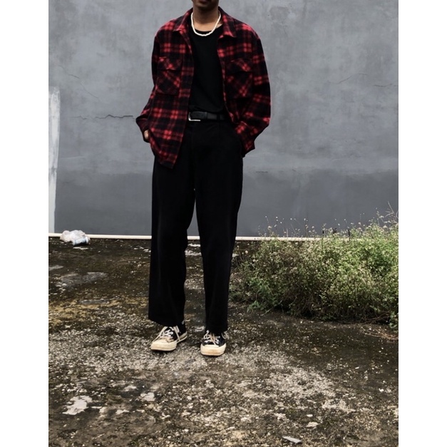 kemeja flanel woll double pocket