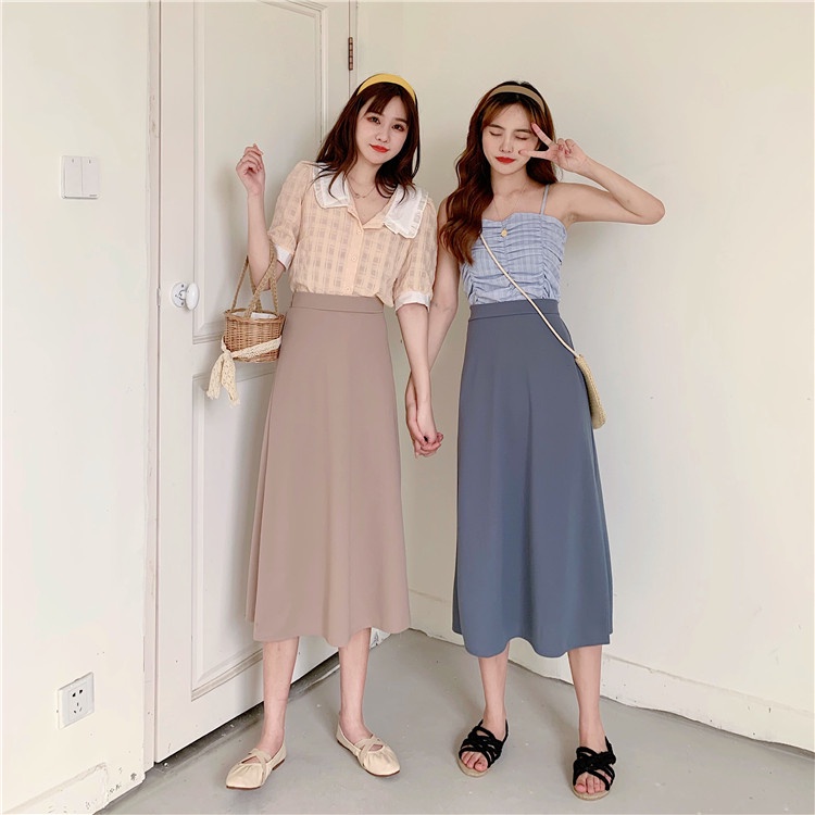 rok midi A-line midi skirt Korean style high waist temperamen baru warna solid tipis mid-length