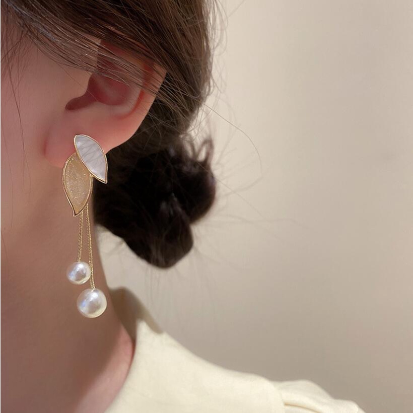 925 jarum perak Korea Dongdaemun Pearl daun rumbai anting-anting drop minyak anting-anting panjang a