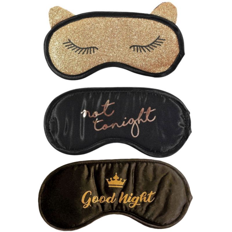 PENUTUP MATA TIDUR SLEEPING MASK EYE MASK BLACK AND GOLD CAT NOT TONIGHT GOOD NIGHT