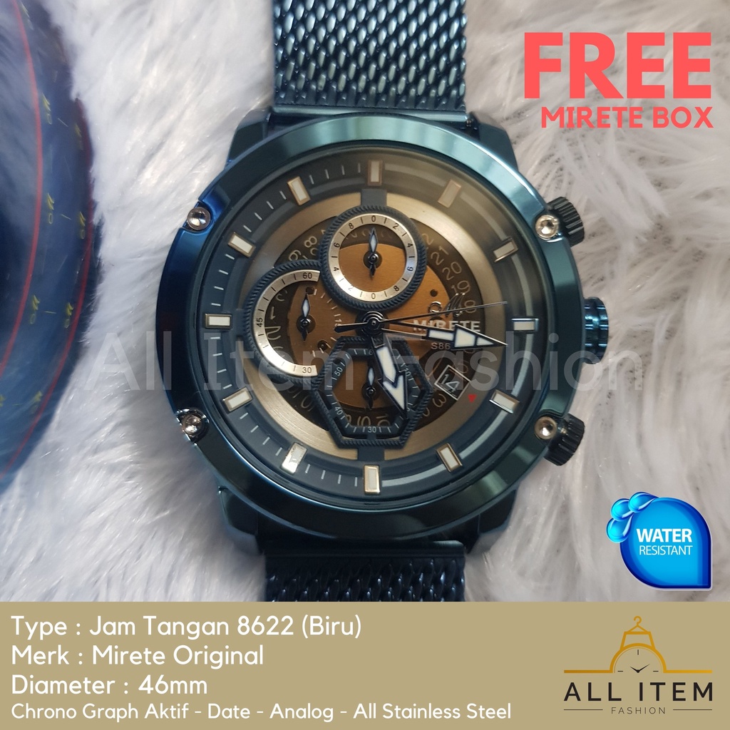 Jam Tangan Chrono Rantai Pasir MIRETE 8622 / Jam Tangan Pria Anti Air ORI / Arloji (FREE BOX)