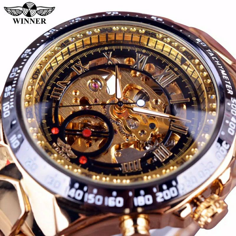 winner GOLD HITAM Jam Tangan Pria Mekanik Otomatis