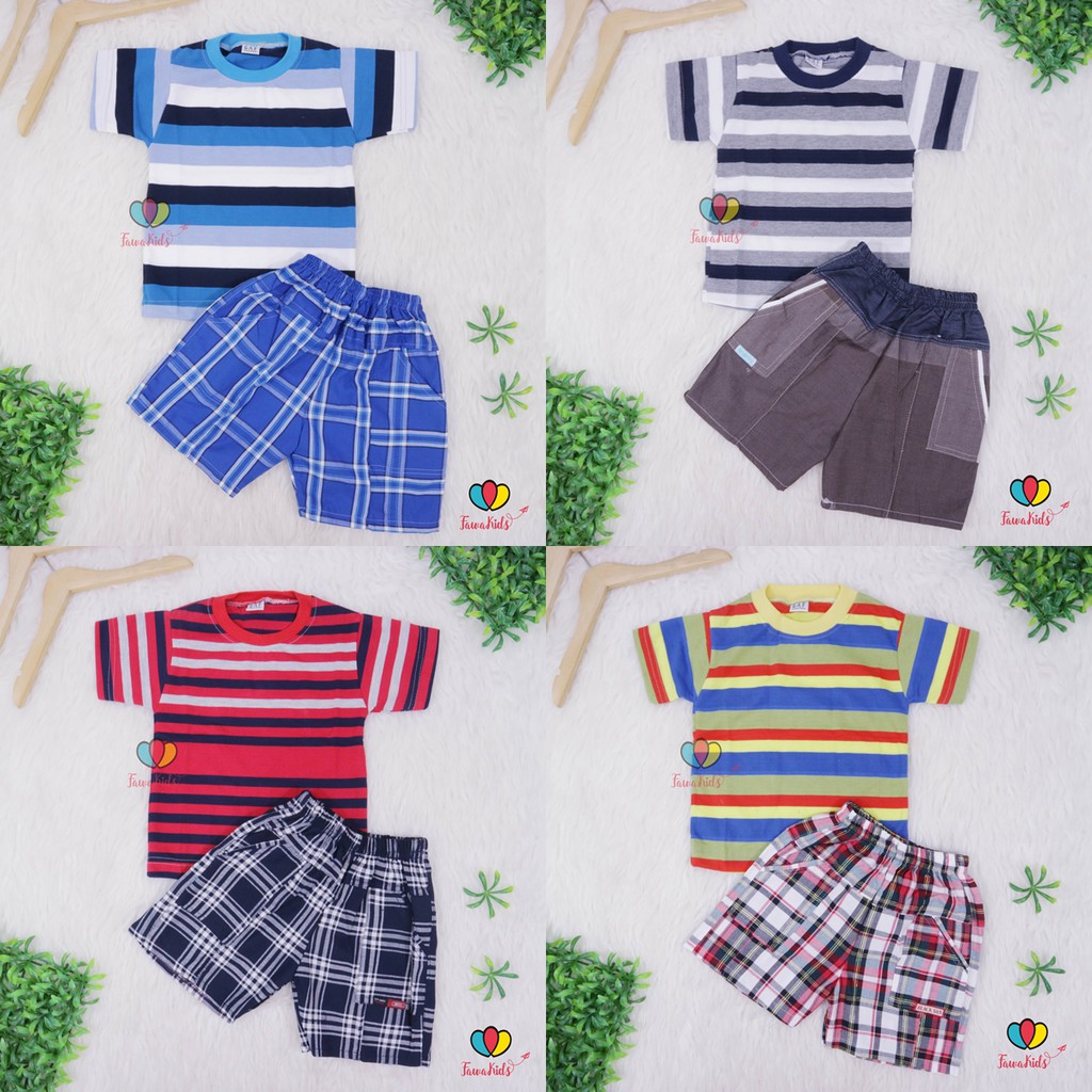 Setelan Salur Hawai uk 1-2 Tahun / Baju Anak Laki Harian Lengan Pendek Celana Boxer Kaos Kotak