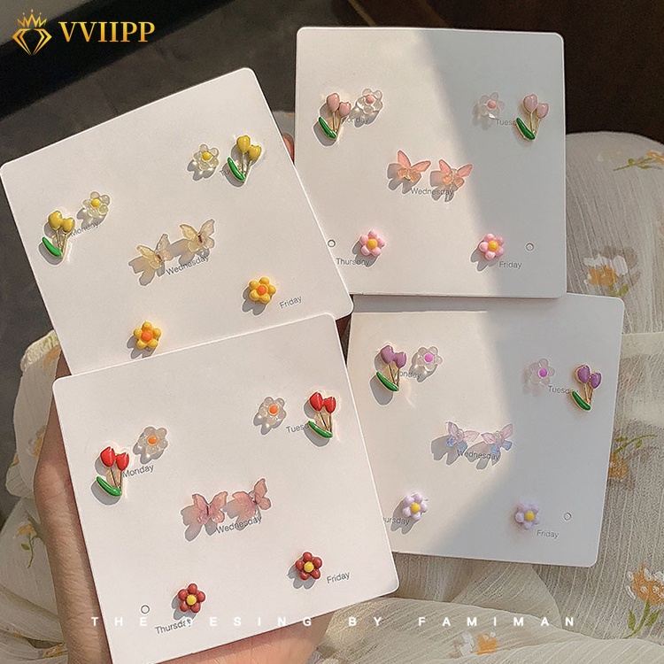 Set Anting Stud Desain Bunga Butterfly Warna-Warni Aksen Mutiara Bahan Keramik Gaya Korea Untuk Wanita