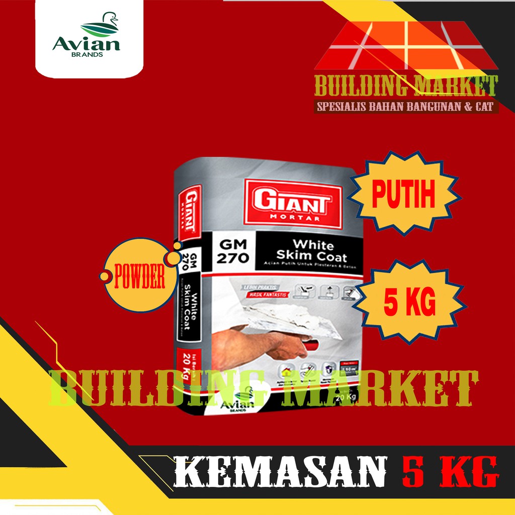 SEMEN ACIAN INSTANT SKIM COAT ACIAN GIANT MORTAR GM-270 PUTIH 5 KG