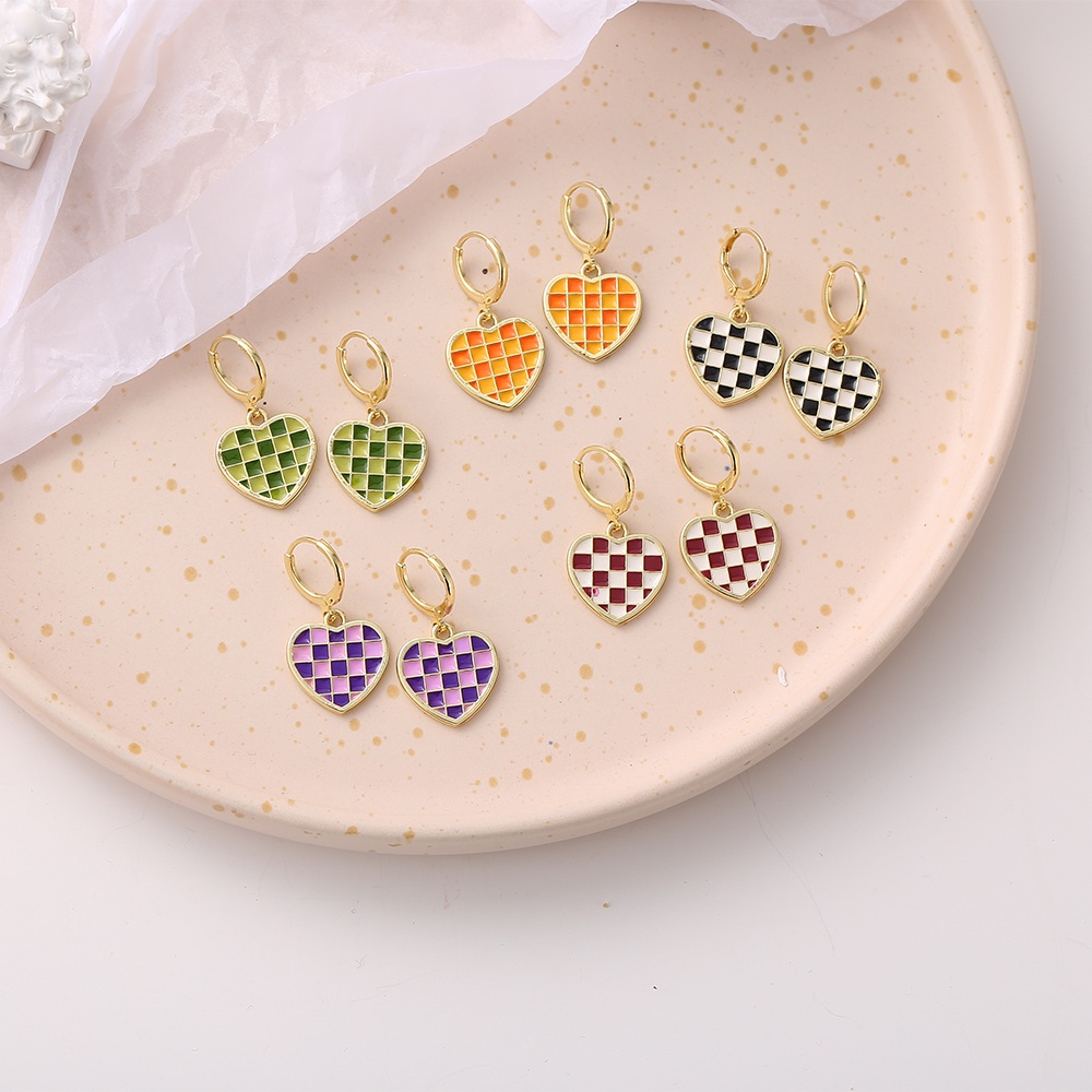 IFYOU Anting Bentuk Hati Motif Kotak-Kotak Warna Emas Untuk Wanita