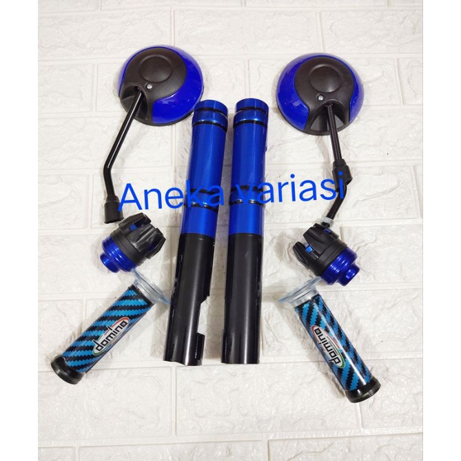 paket Biru 4 in 1 cover shock + handgrip carbon+ Jalu as spion bulat Honda Beat Scoopy Vario